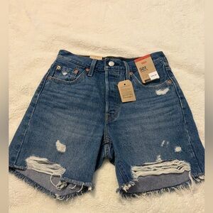 Levi's Distressed Mid-Length Denim Shorts - Blue